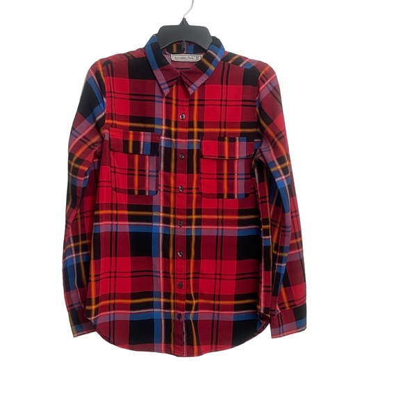 Abercrombie & Fitch Women's Medium Red Plaid Button Up 100% Polyester Pockets - Picture 4 of 6